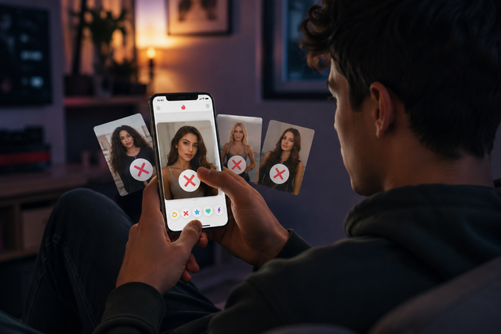 Tinder Sparks: Novos Recursos Que Podem Tirar Você da Friend Zone em 2026 1 Swiping through profiles in a cozy room