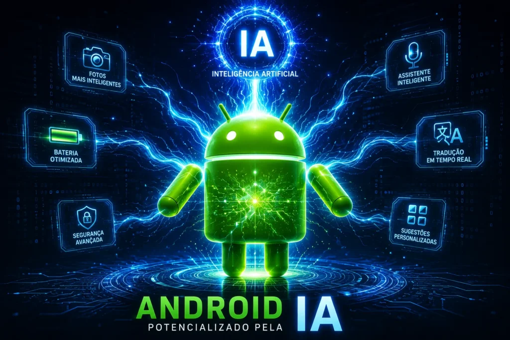 Símbolo do SO Android recebendo os super poderes da IA