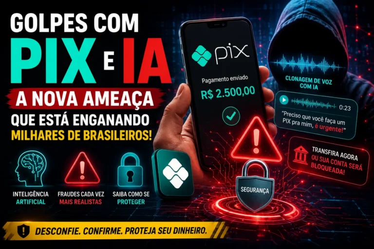 Elementos de PIX, IA, alerta vermelho e cadeado de segurança