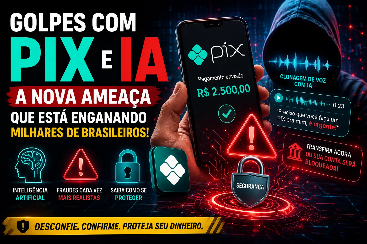 Elementos de PIX, IA, alerta vermelho e cadeado de segurança