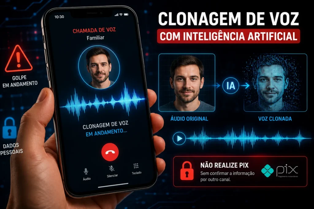 Smartphone exibindo ondas sonoras e um rosto sendo replicado digitalmente