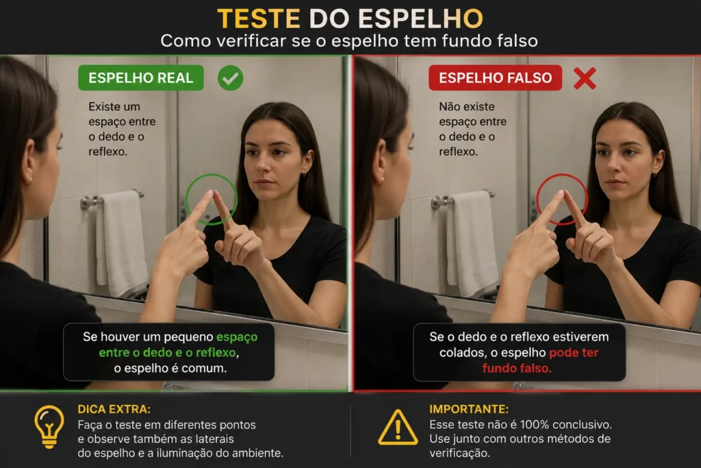 Explicação prática do teste do espelho para ver se é um espelho real ou com fundo falso.